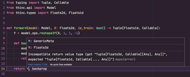 Screenshot of Thinc type checking in VSCode with mypy